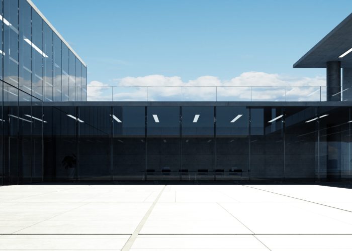 Modern glass wall commercial buildings exterior. Realistic 3d rendering